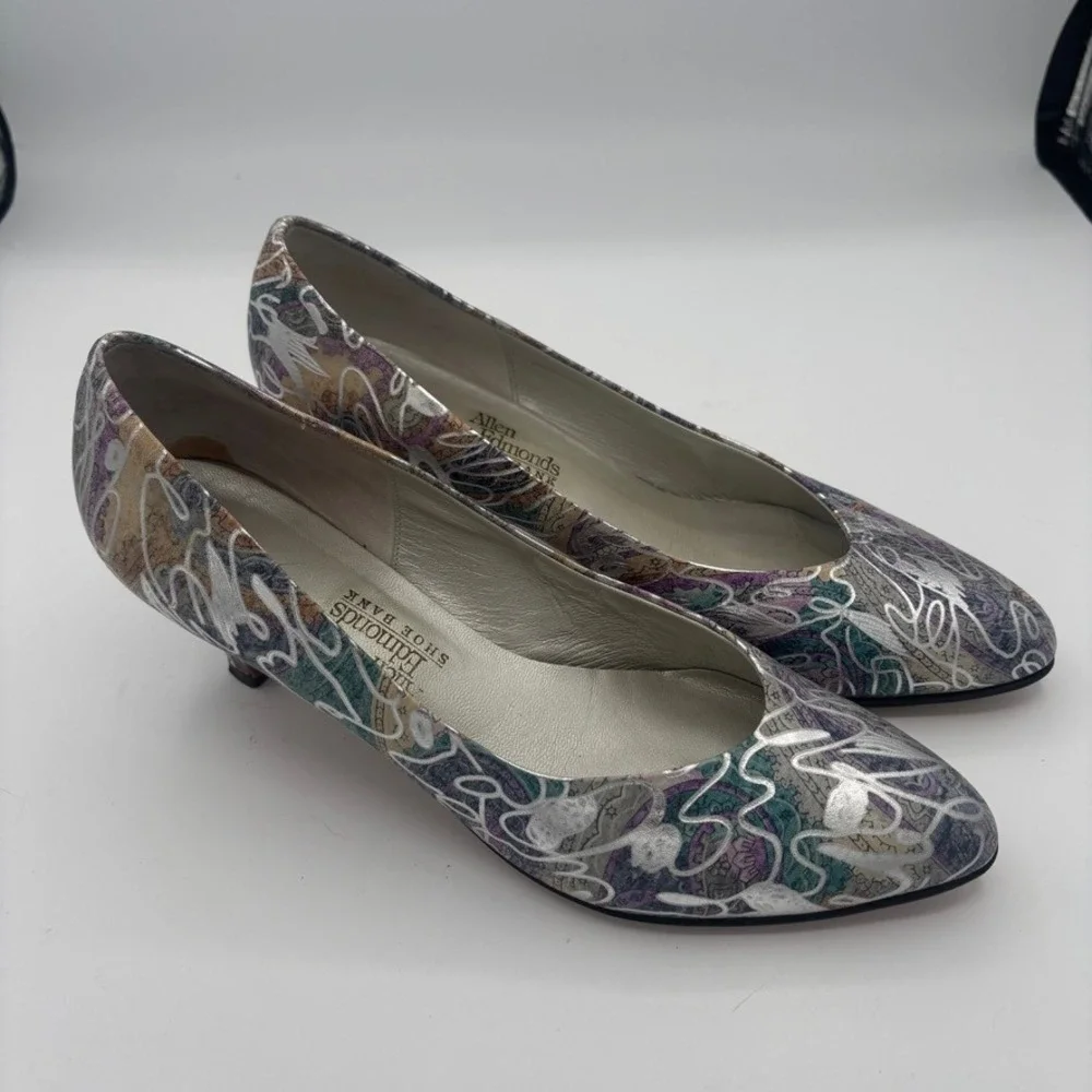 Vintage Whimisgoth Pumps 90s Sz 9 Multicolor Metallic Abstract Kitten Heel